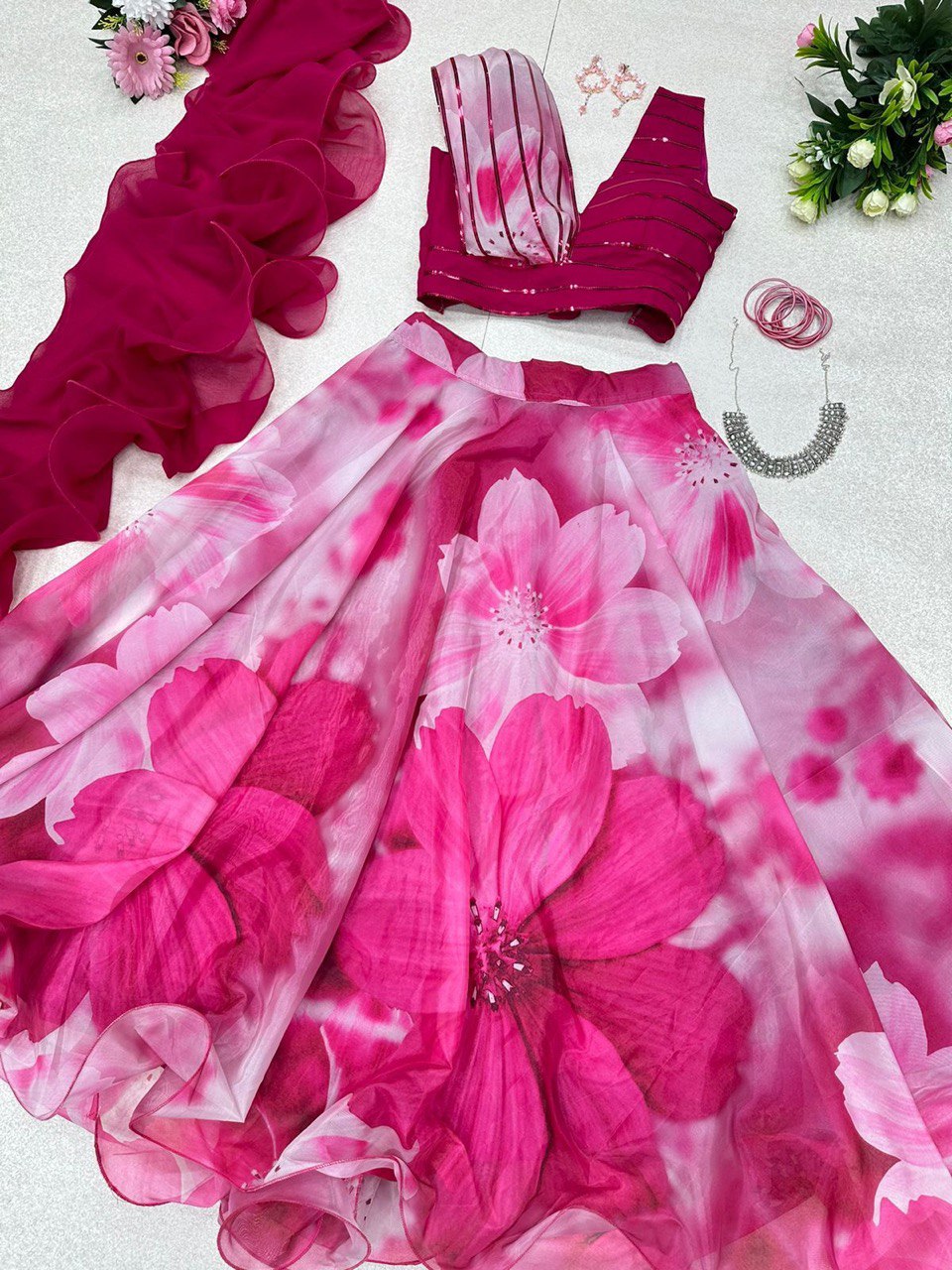Fabulous Beautiful Flower Printed Organza Silk Lehenga Choli - INDIAN ELEGANCE