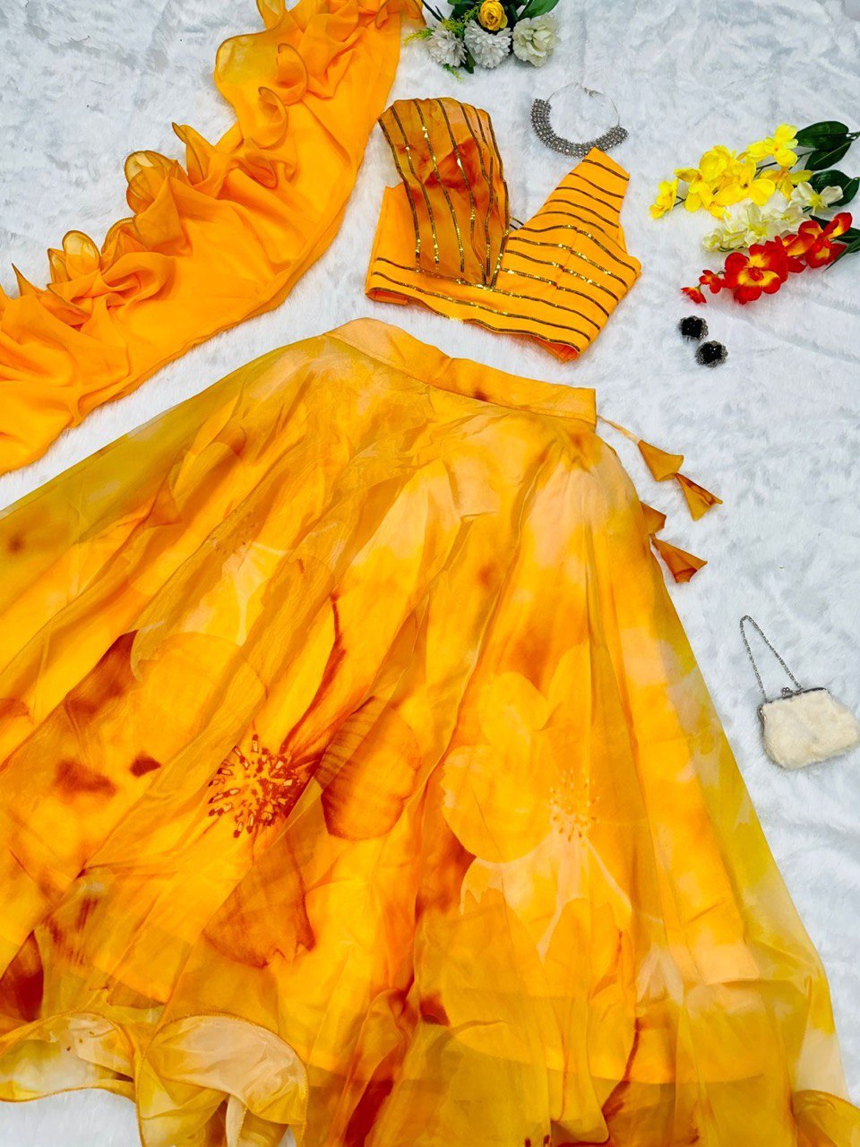 Fabulous Beautiful Flower Printed Organza Silk Lehenga Choli - INDIAN ELEGANCE