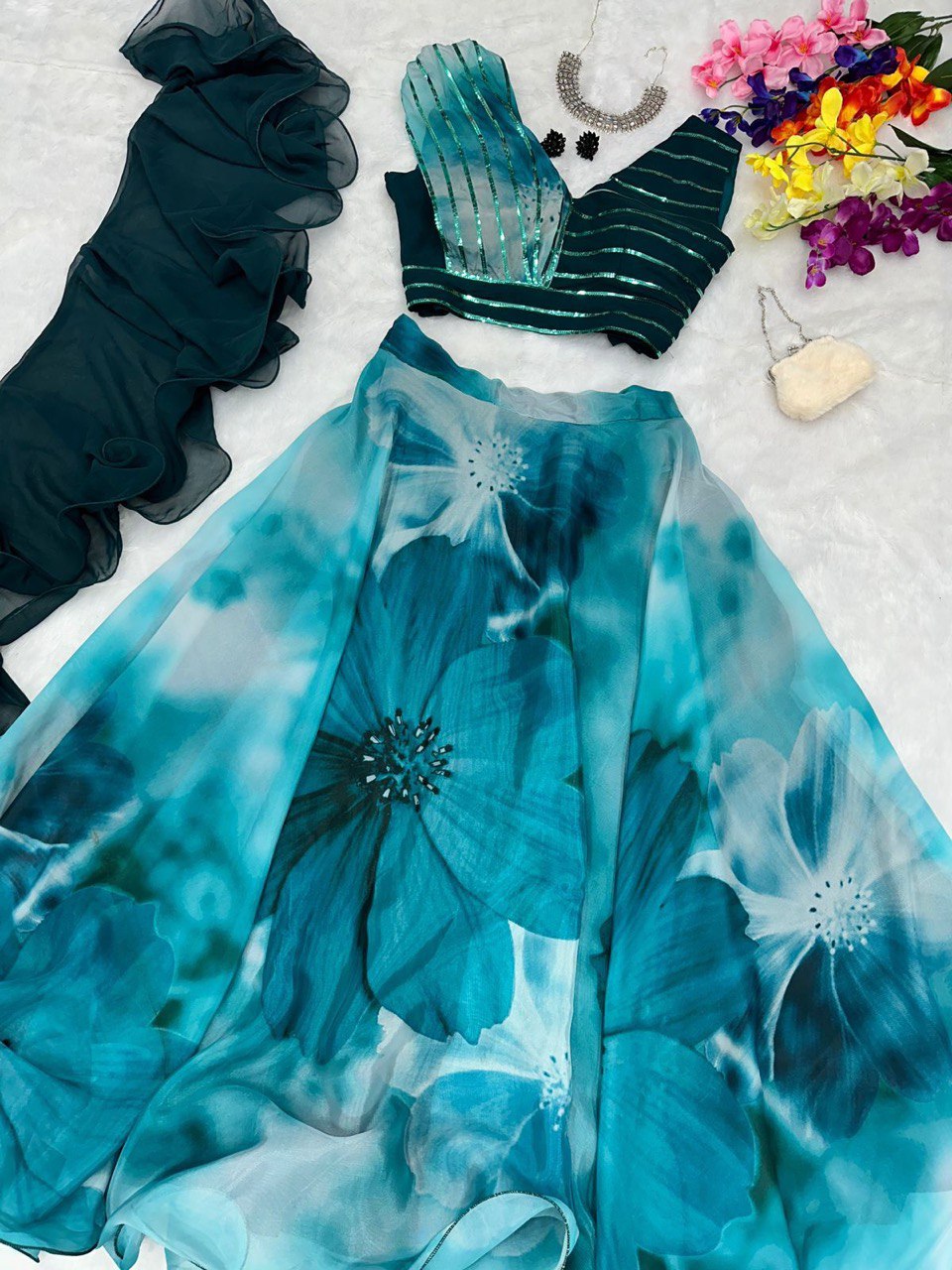 Fabulous Beautiful Flower Printed Organza Silk Lehenga Choli - INDIAN ELEGANCE