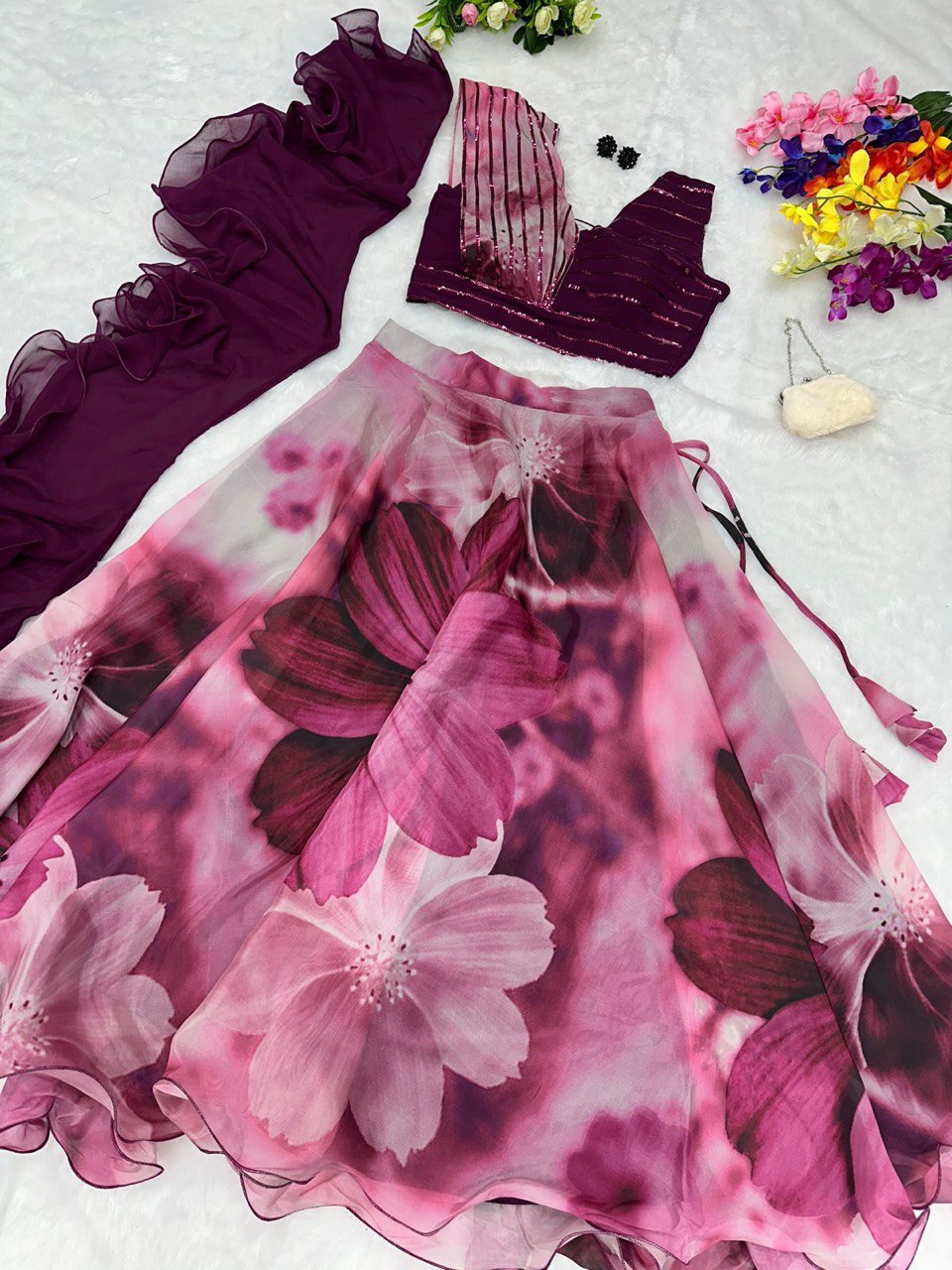 Fabulous Beautiful Flower Printed Organza Silk Lehenga Choli - INDIAN ELEGANCE