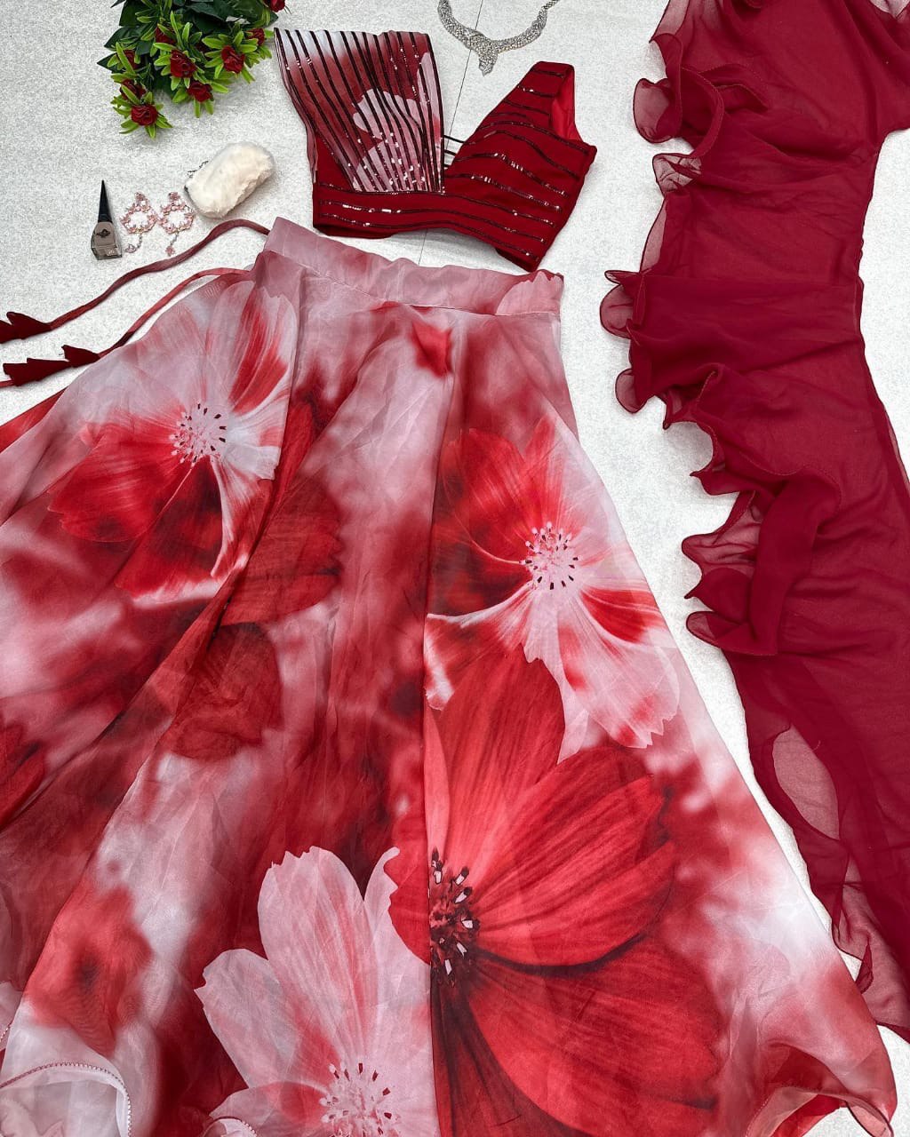 Fabulous Beautiful Flower Printed Organza Silk Lehenga Choli - INDIAN ELEGANCE