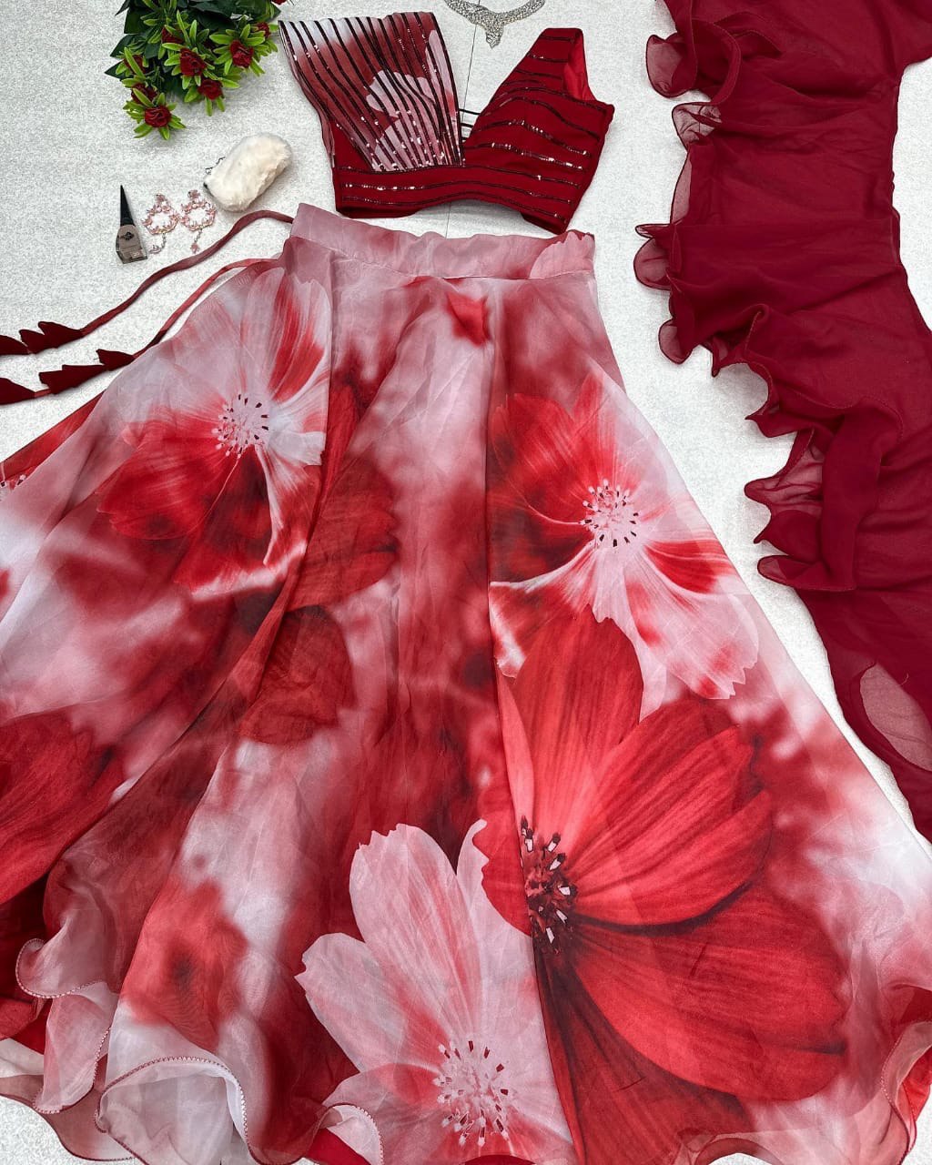 Fabulous Beautiful Flower Printed Organza Silk Lehenga Choli - INDIAN ELEGANCE