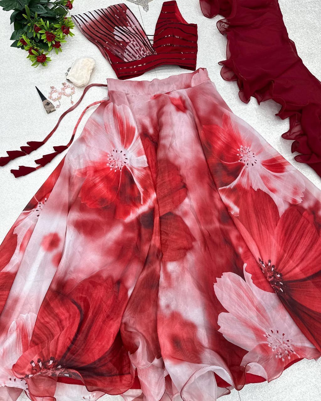 Fabulous Beautiful Flower Printed Organza Silk Lehenga Choli - INDIAN ELEGANCE