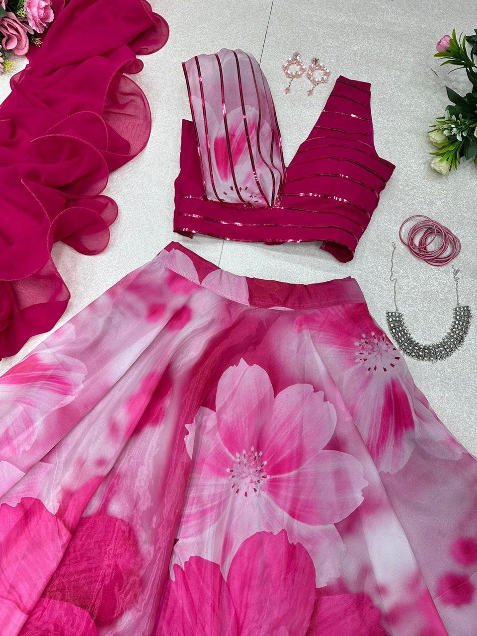 Fabulous Beautiful Flower Printed Organza Silk Lehenga Choli - INDIAN ELEGANCE