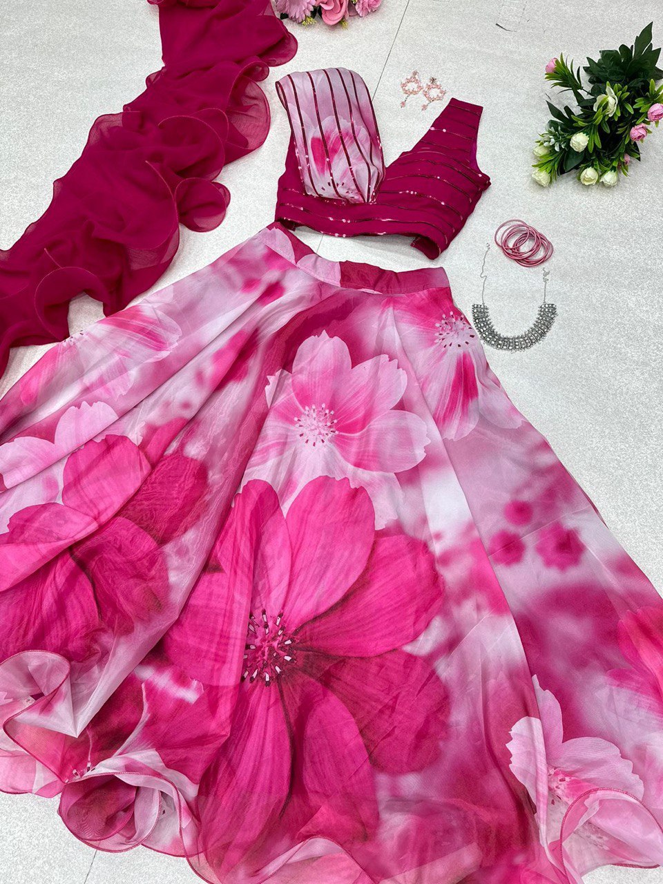 Fabulous Beautiful Flower Printed Organza Silk Lehenga Choli - INDIAN ELEGANCE