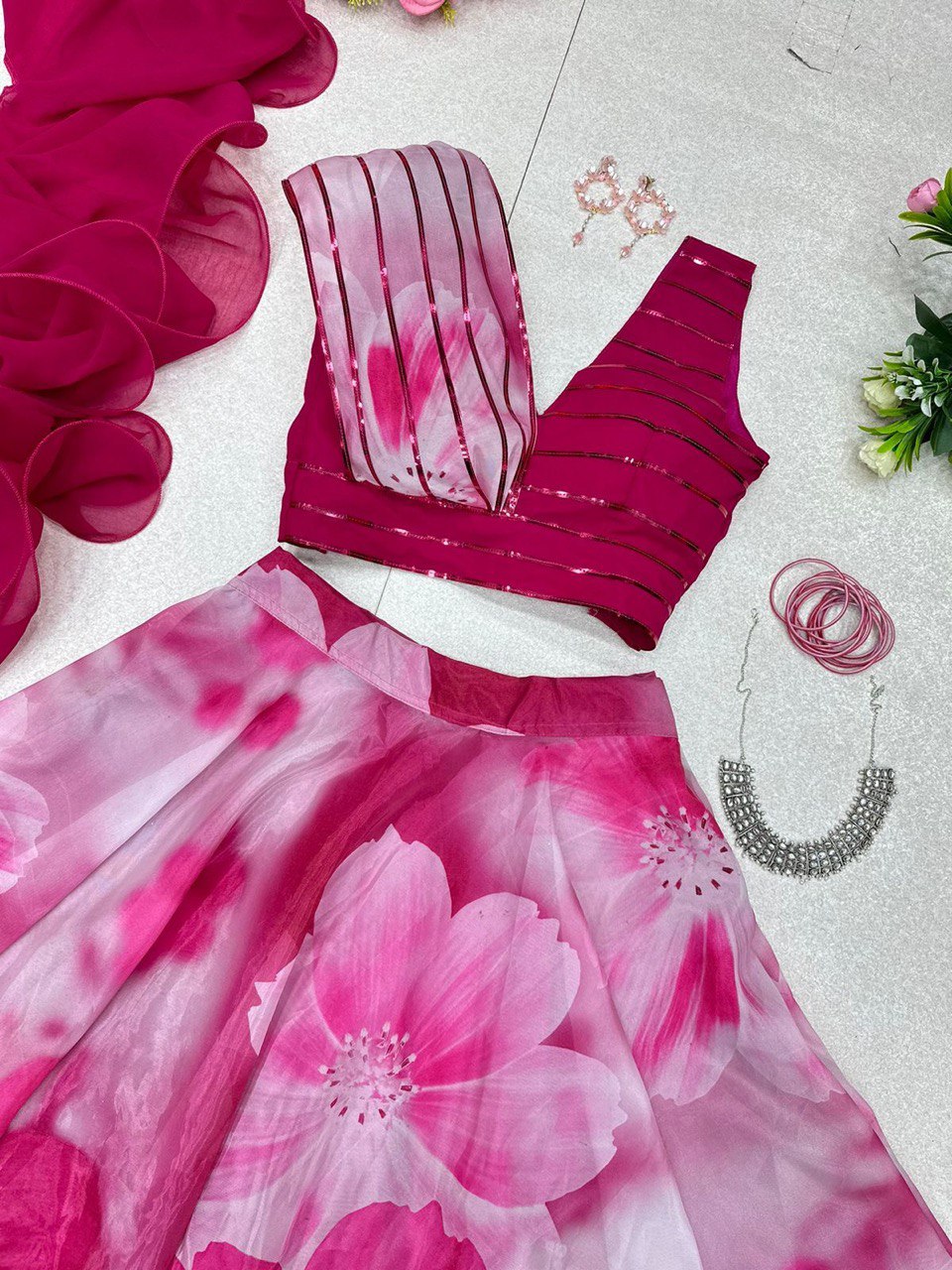 Fabulous Beautiful Flower Printed Organza Silk Lehenga Choli - INDIAN ELEGANCE