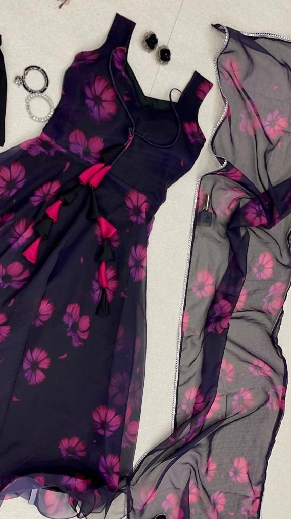 Alluring Black Georgette Silk Fully Stitched Floral Anarkali Pant Suit - INDIAN ELEGANCE