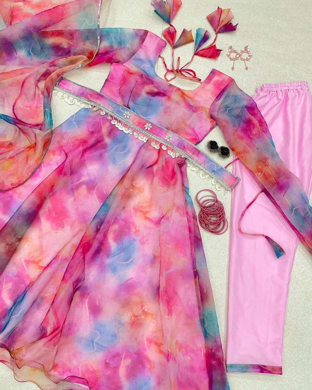 Luminous Pink Organza Silk Floral Digital Printed Anarkali Pant Suit - INDIAN ELEGANCE