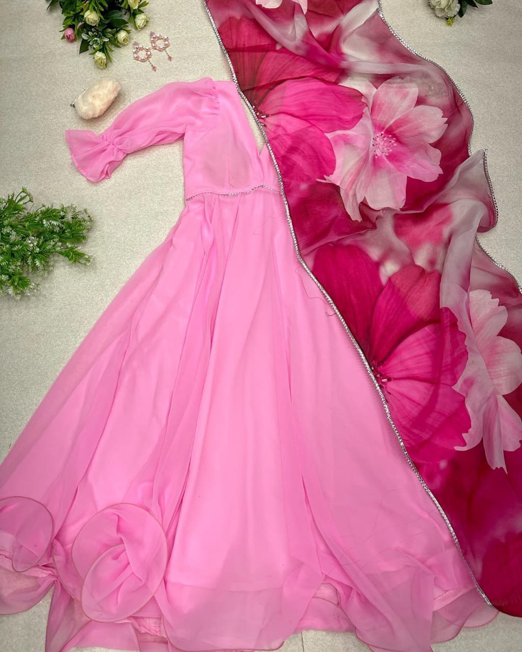 Sublime Pink Georgette Fully Stitched Plain Gown With Floral Dupatta - INDIAN ELEGANCE