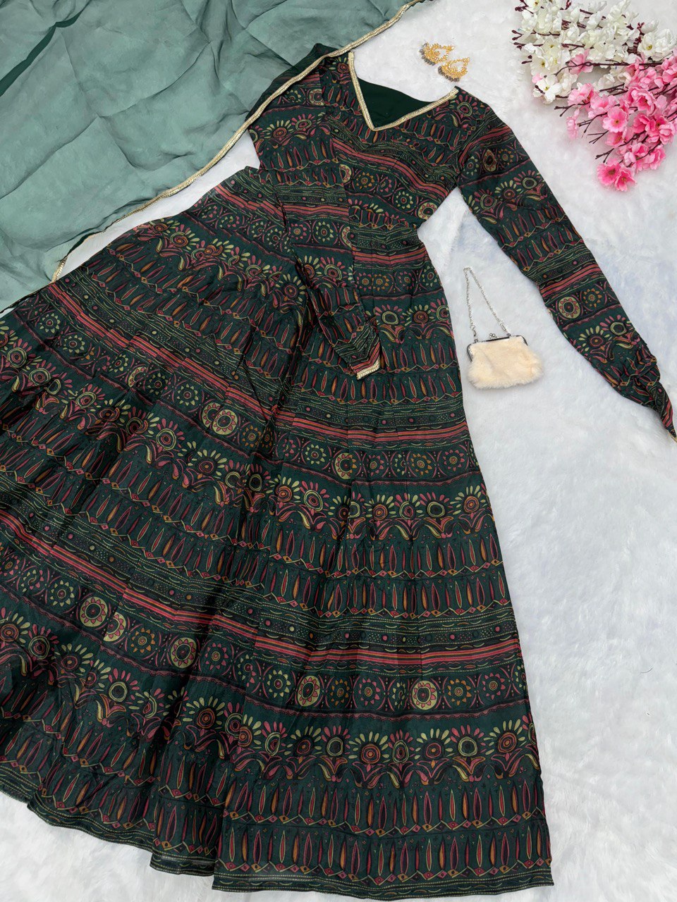 Alluring Mehendi Green Digital Printed Fully Flared Gown With Dupatta - INDIAN ELEGANCE