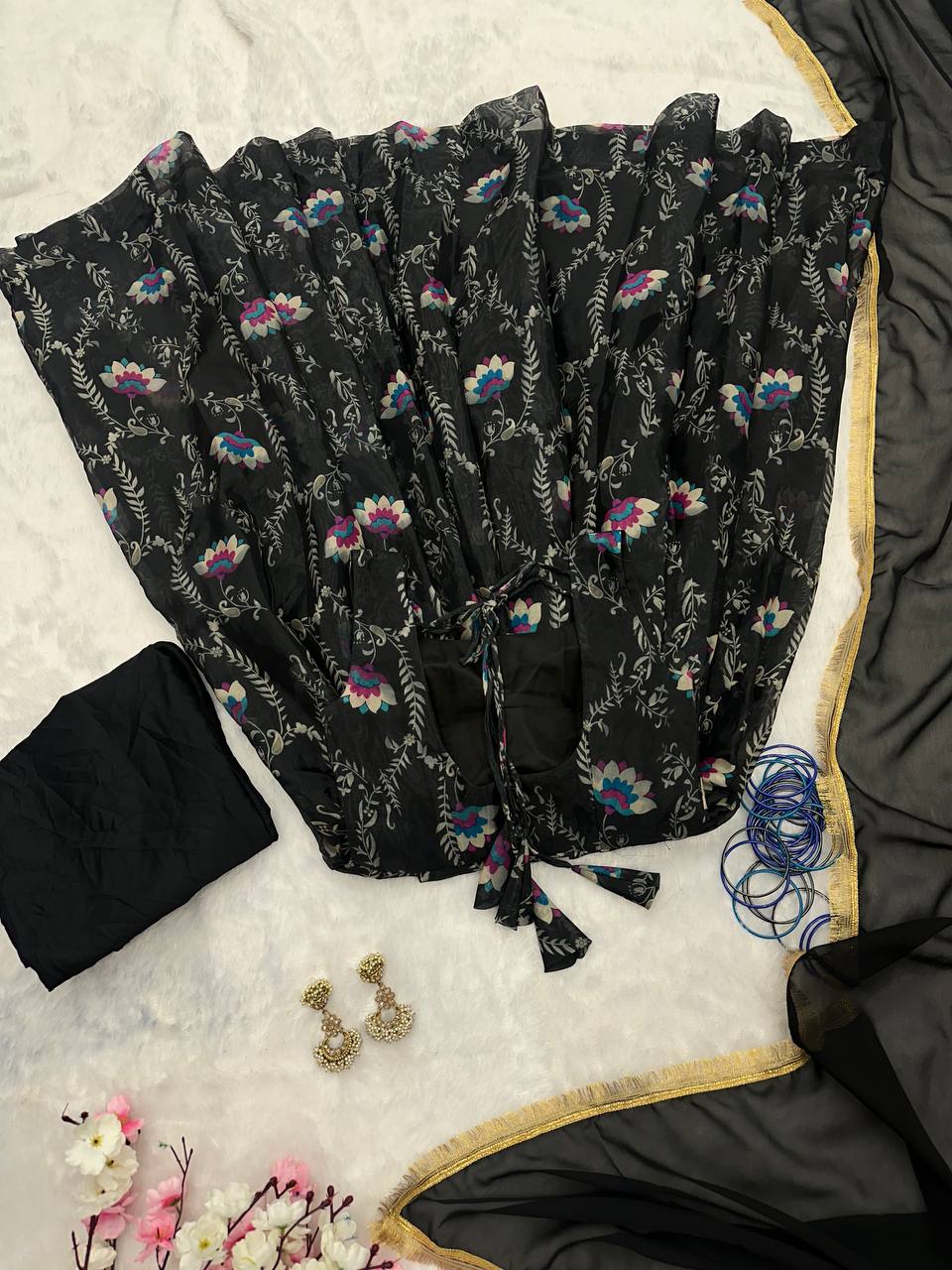 Stylish Black Jimmy Organza Silk Digital Printed Gown With Dupatta - INDIAN ELEGANCE