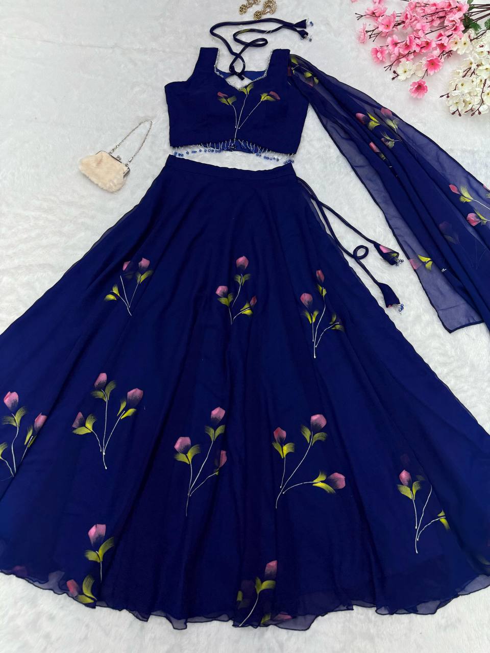 Blue Fully Stitched Hand-Painted Georgette Lehenga Set