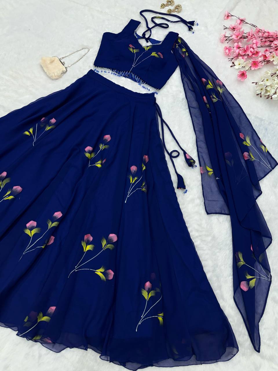 Blue Fully Stitched Hand-Painted Georgette Lehenga Set