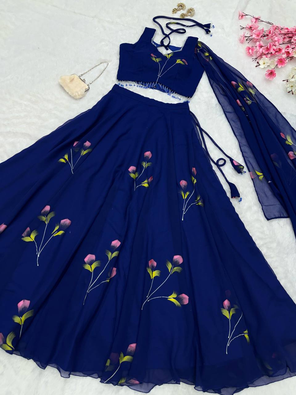 Blue Fully Stitched Hand-Painted Georgette Lehenga Set