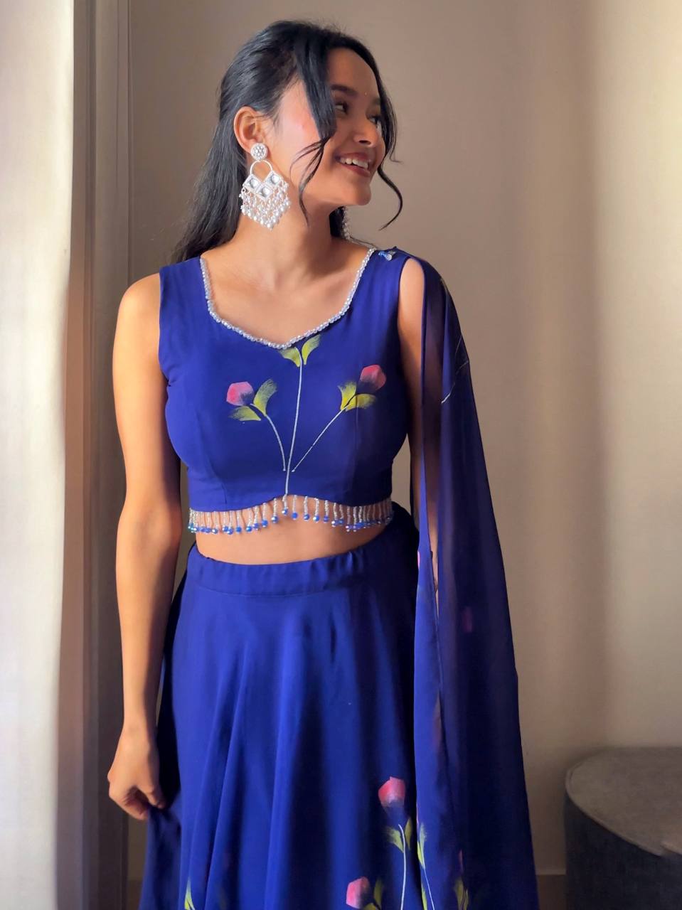 Blue Fully Stitched Hand-Painted Georgette Lehenga Set