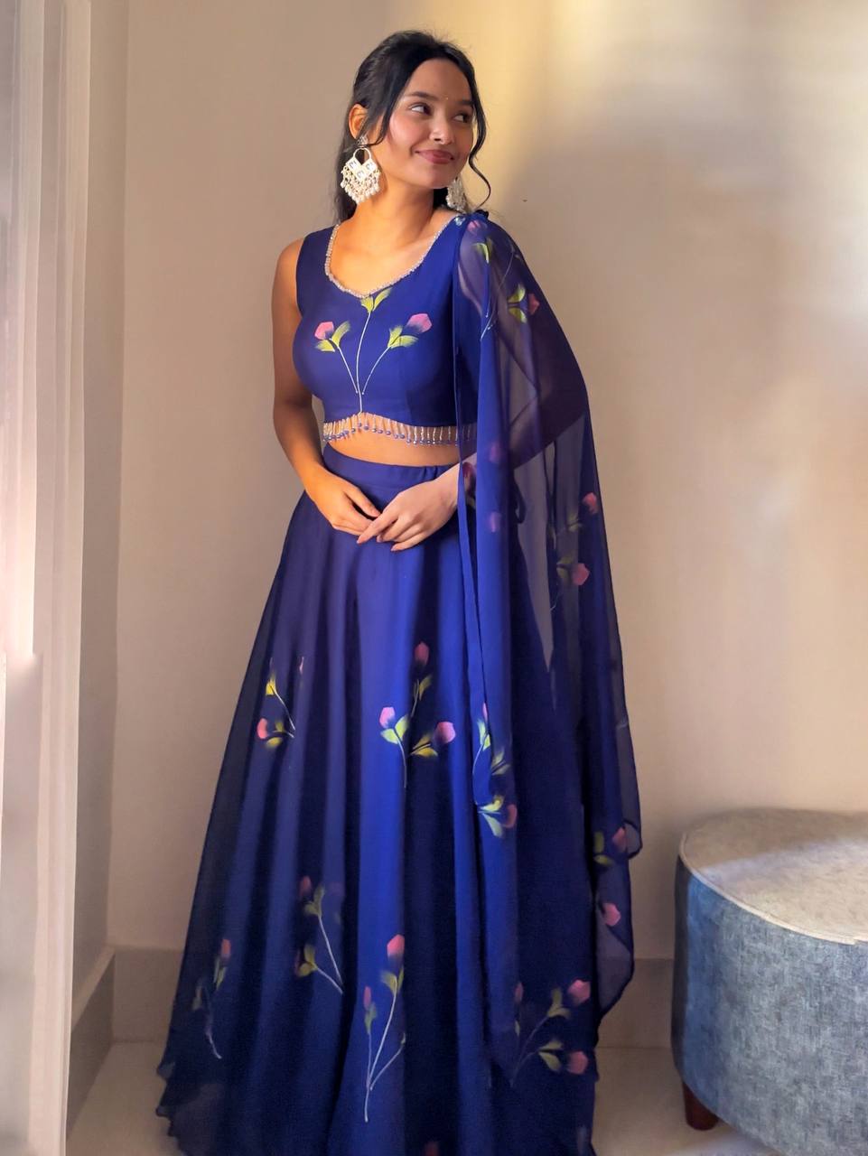 Blue Fully Stitched Hand-Painted Georgette Lehenga Set