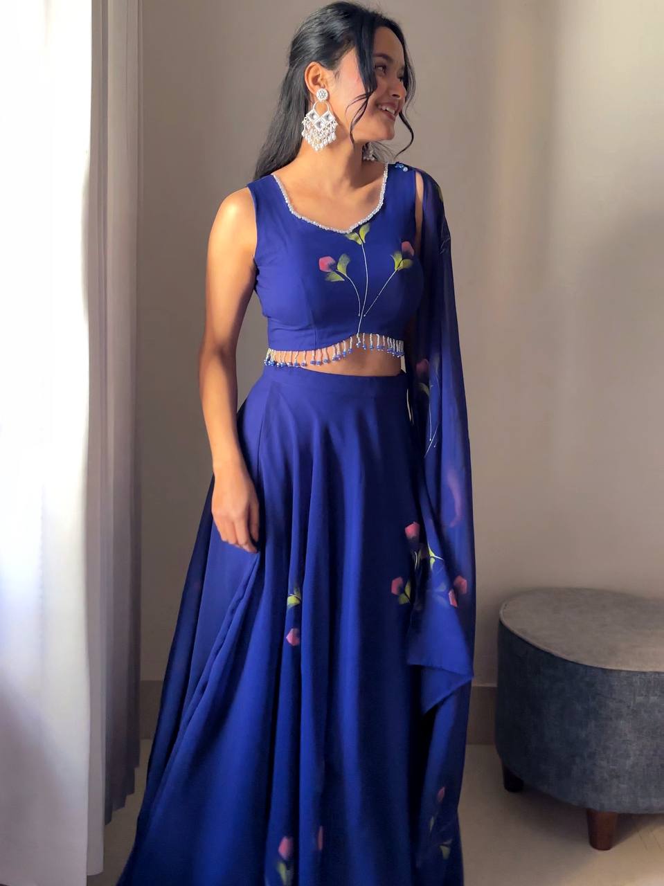 Blue Fully Stitched Hand-Painted Georgette Lehenga Set