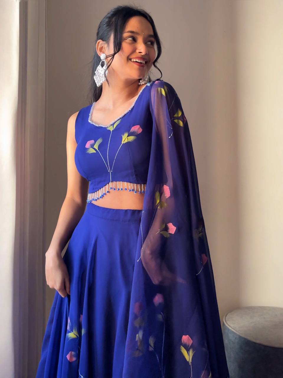 Blue Fully Stitched Hand-Painted Georgette Lehenga Set