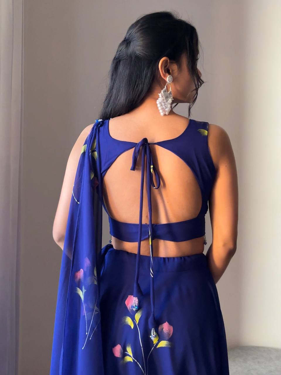 Blue Fully Stitched Hand-Painted Georgette Lehenga Set