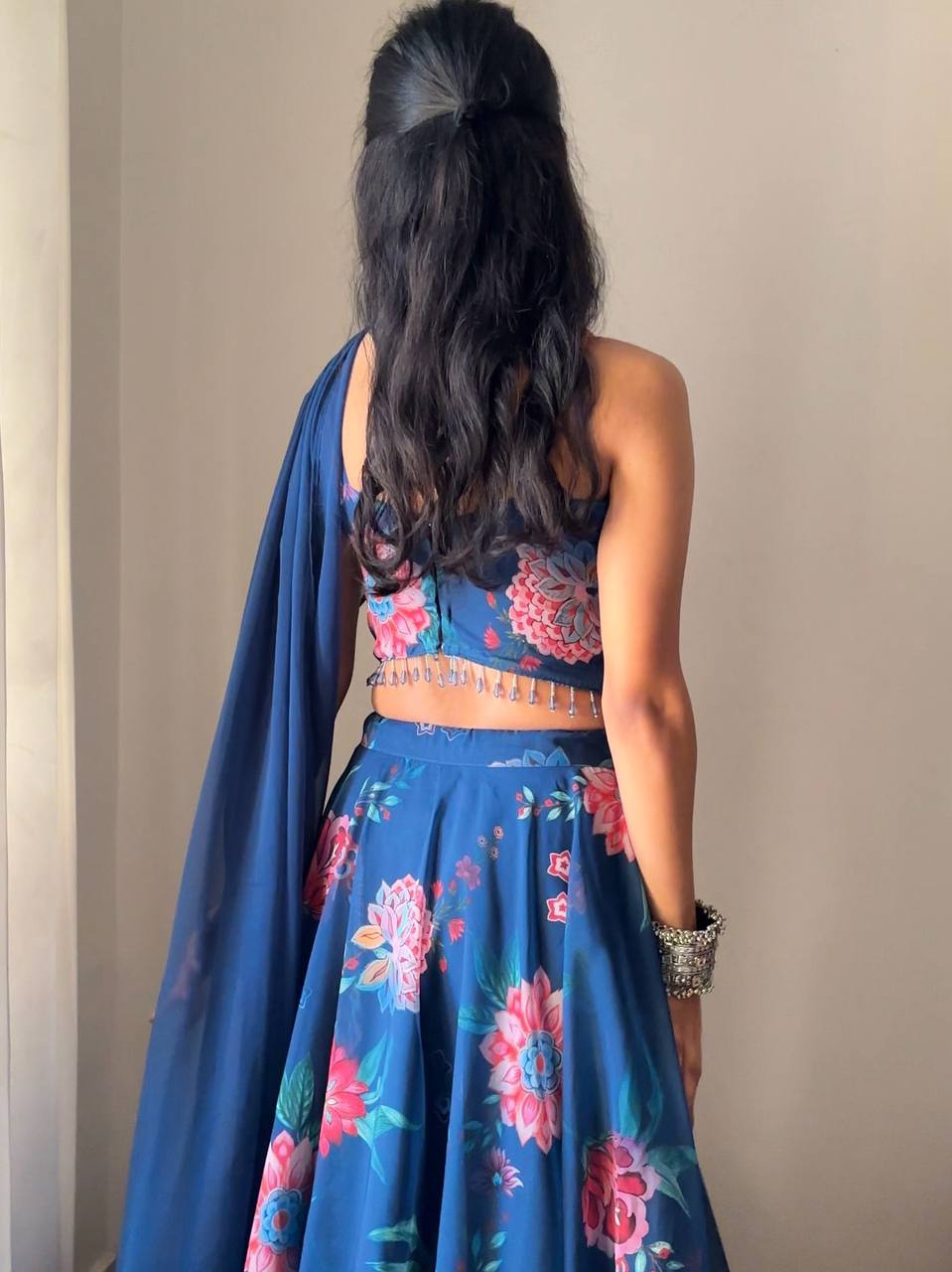Blue Fully Stitched Floral Digital Printed Georgette Lehenga Set