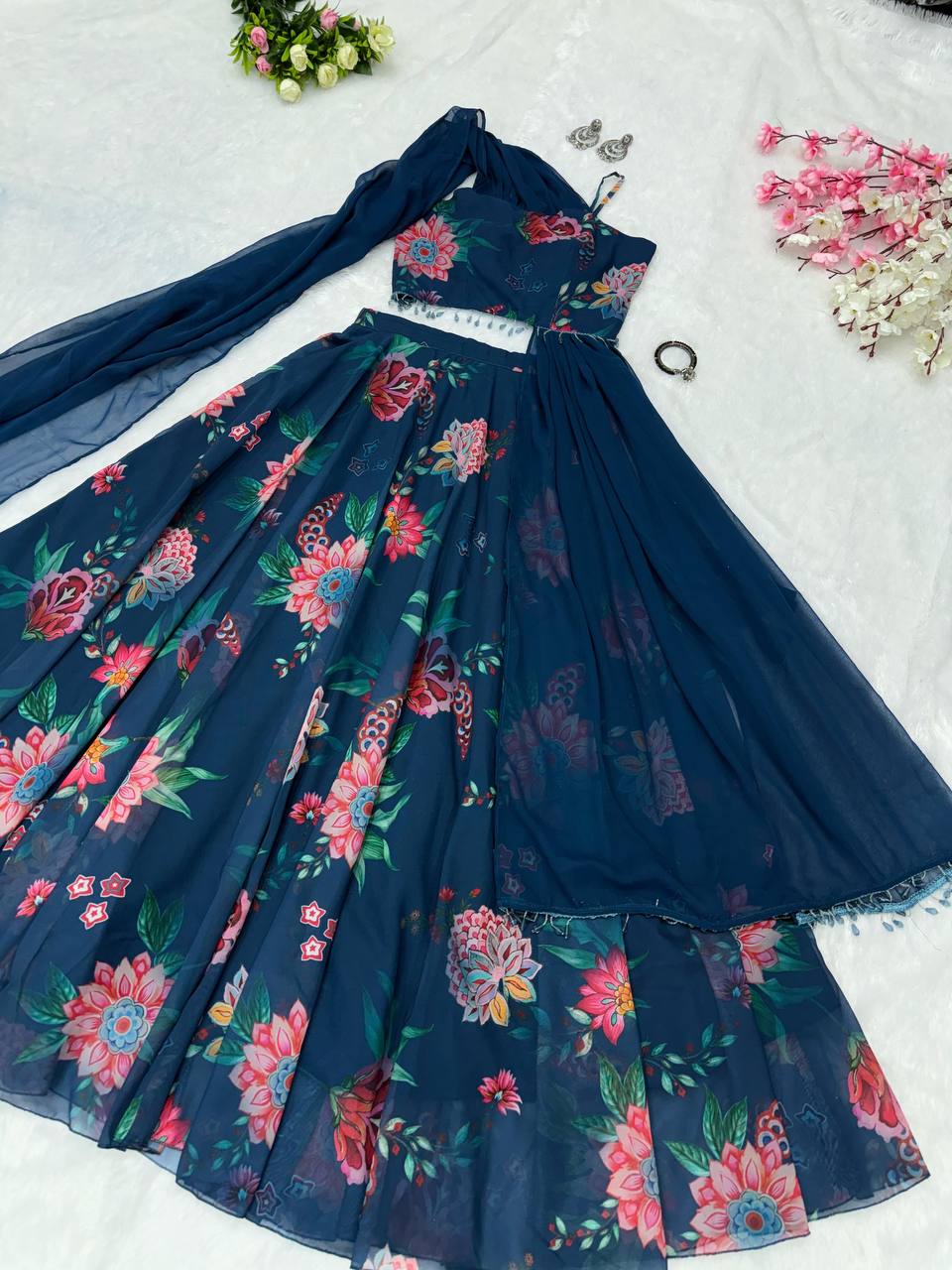 Blue Fully Stitched Floral Digital Printed Georgette Lehenga Set