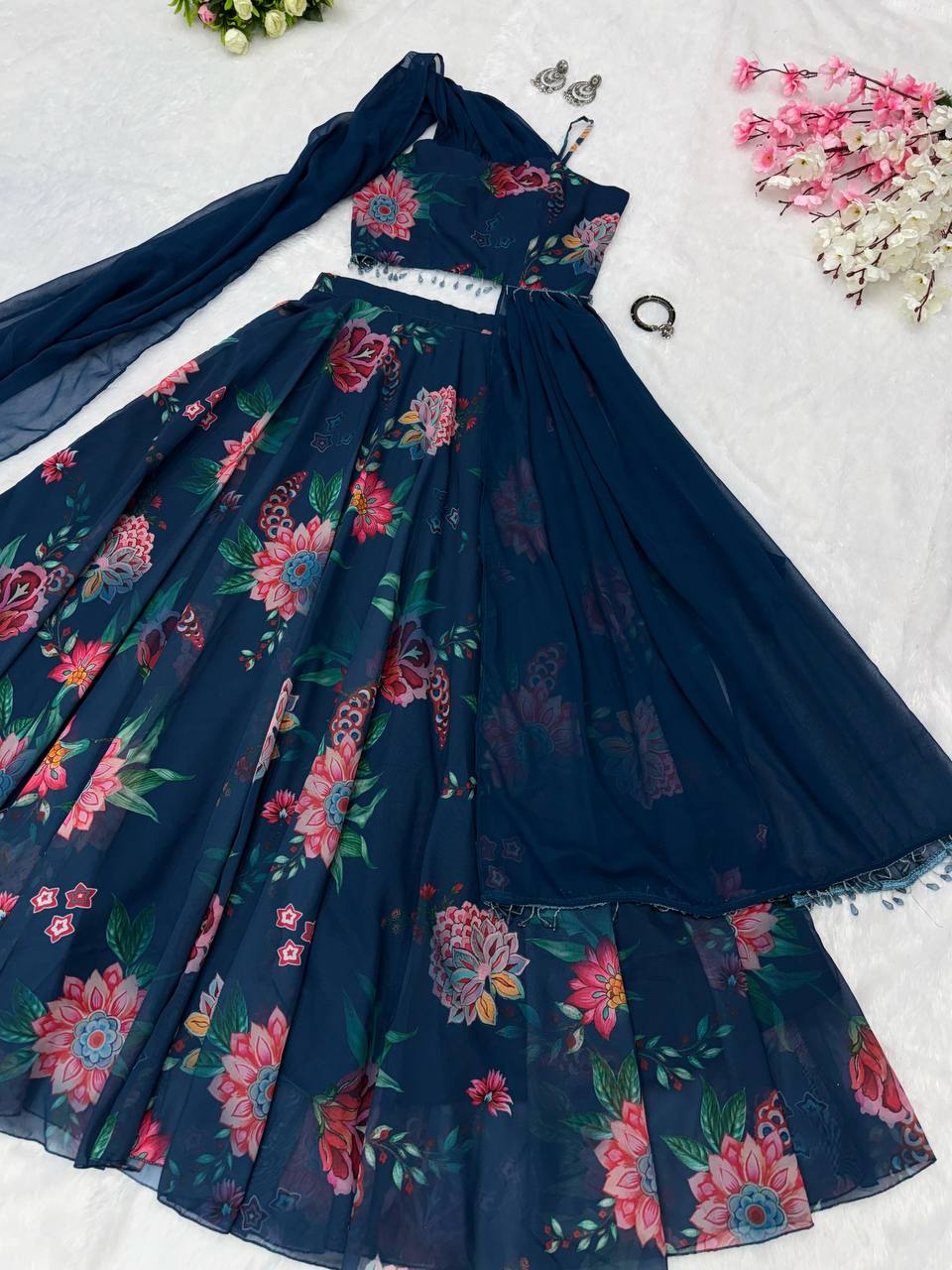 Blue Fully Stitched Floral Digital Printed Georgette Lehenga Set