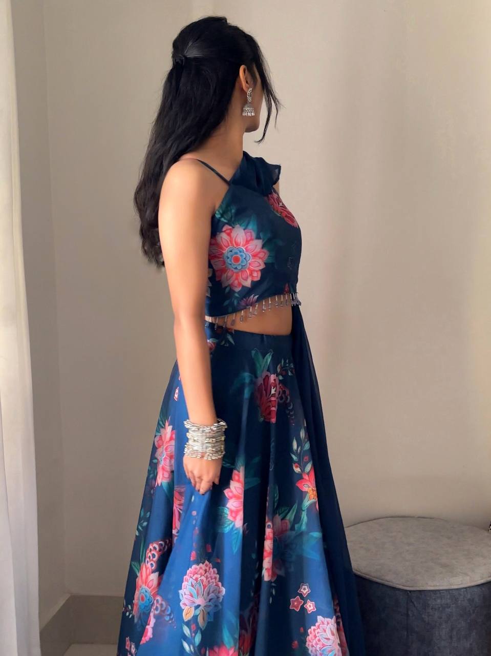Blue Fully Stitched Floral Digital Printed Georgette Lehenga Set
