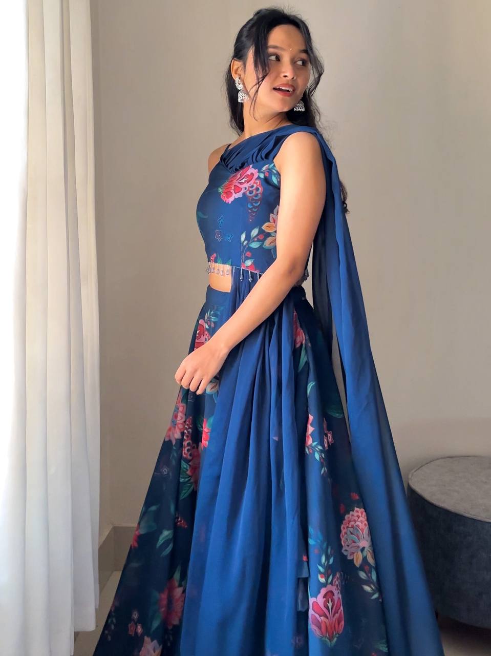 Blue Fully Stitched Floral Digital Printed Georgette Lehenga Set