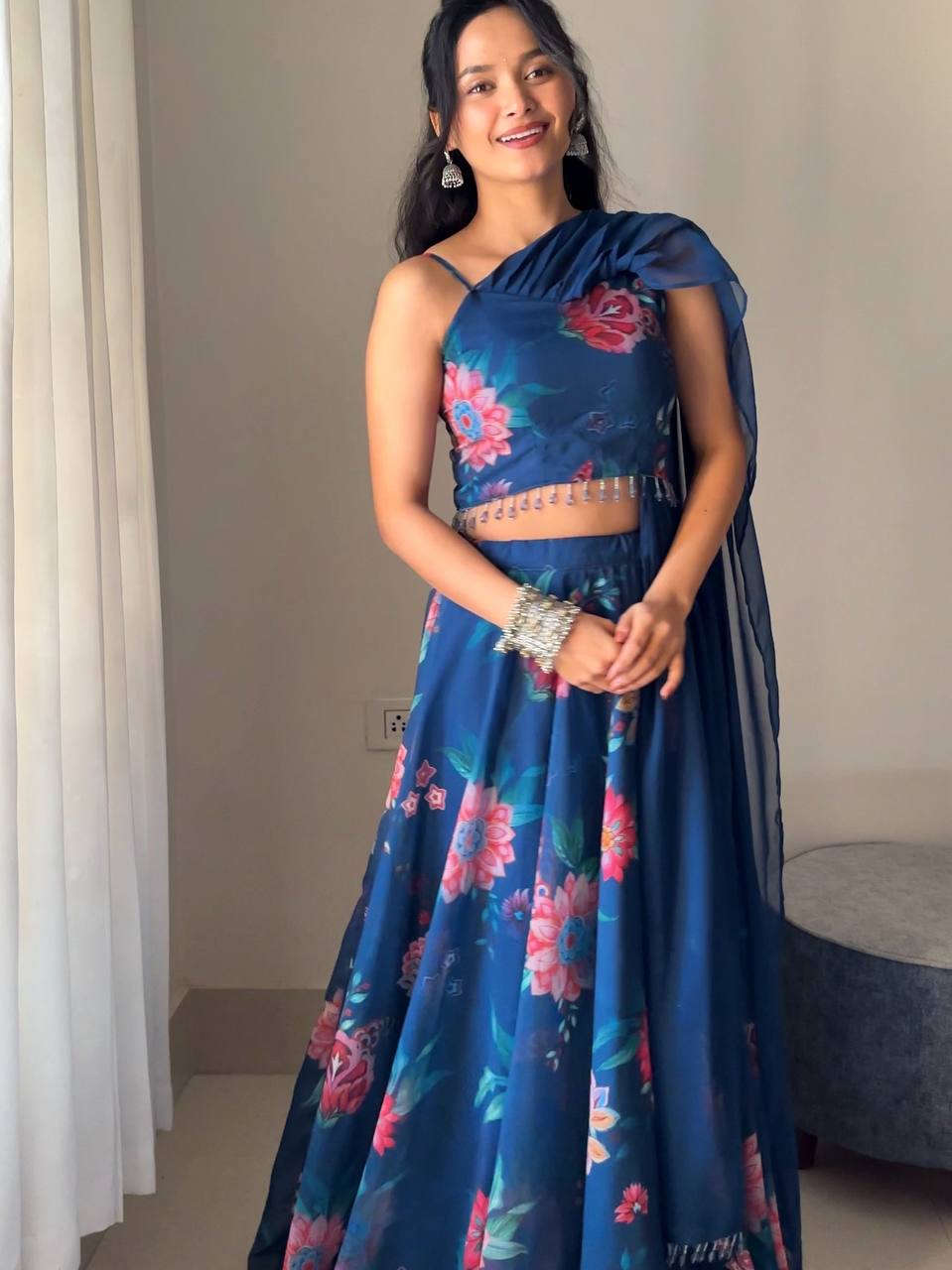 Blue Fully Stitched Floral Digital Printed Georgette Lehenga Set
