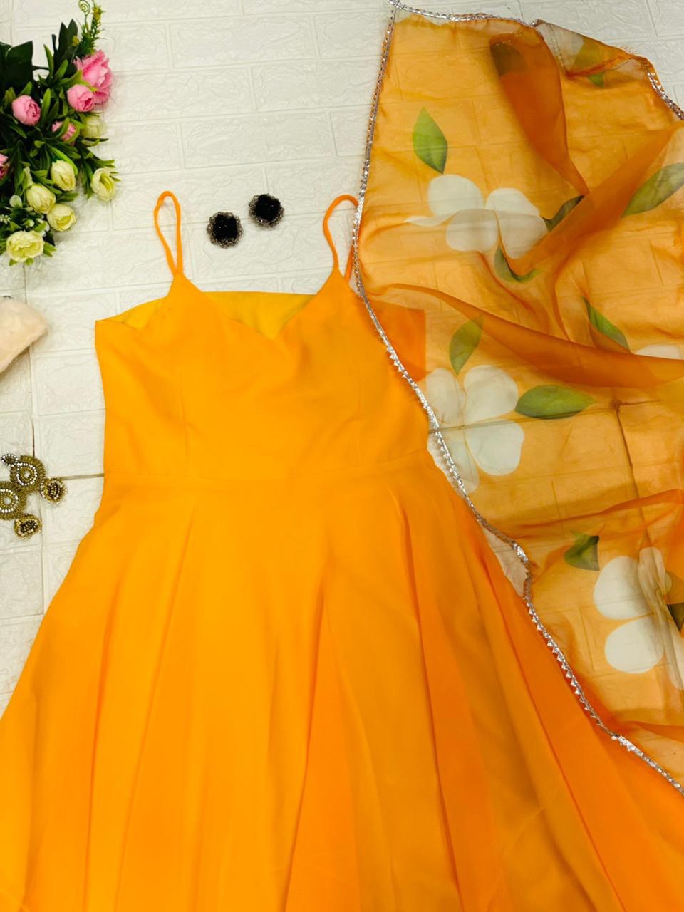 Resplendent Georgette Plain Gown With Floral Dupatta Set - INDIAN ELEGANCE