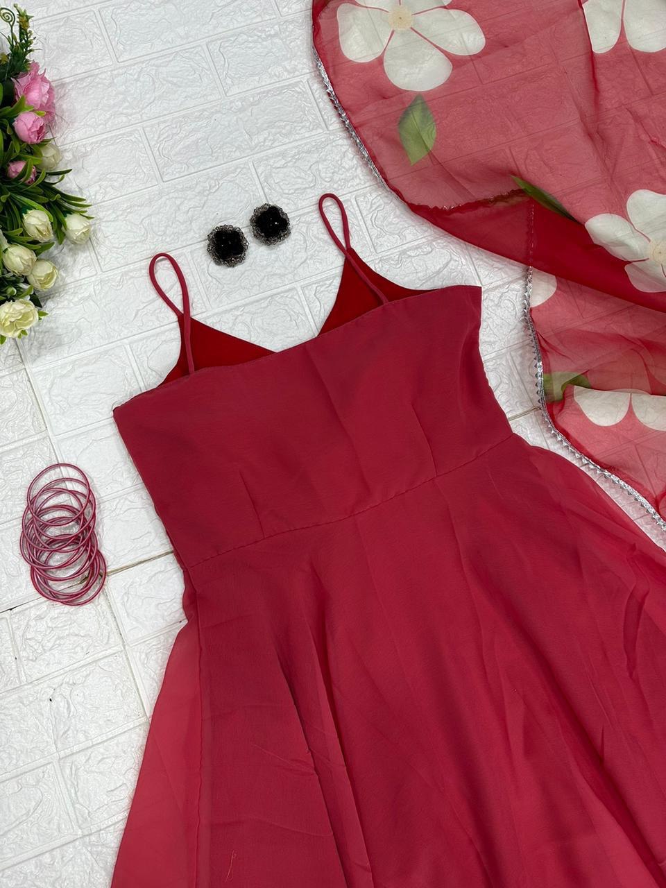 Resplendent Georgette Plain Gown With Floral Dupatta Set - INDIAN ELEGANCE