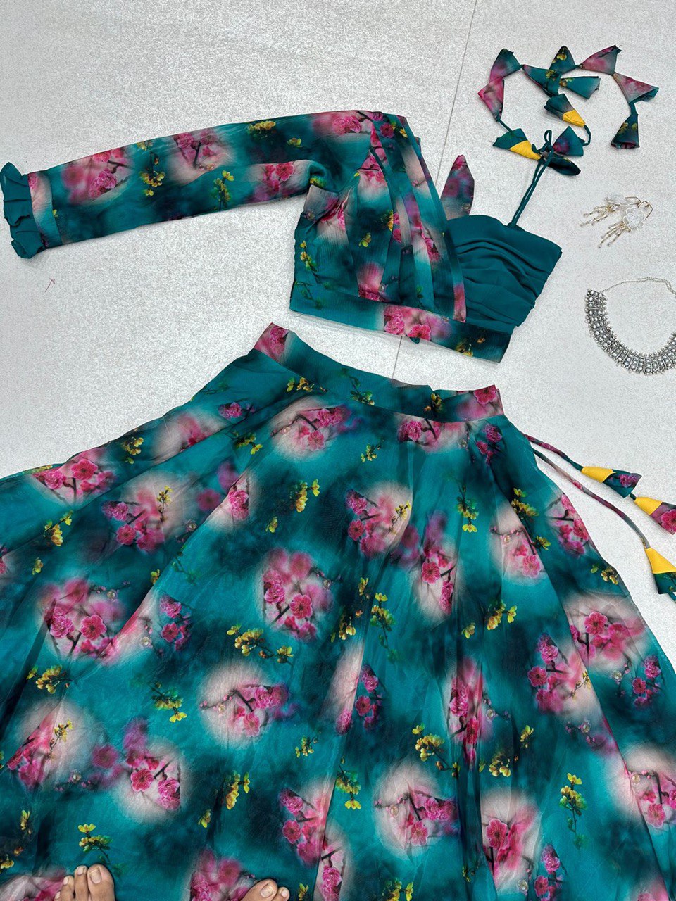Spectacular Rama Organza Silk Floral Printed Lehenga Choli Set - INDIAN ELEGANCE
