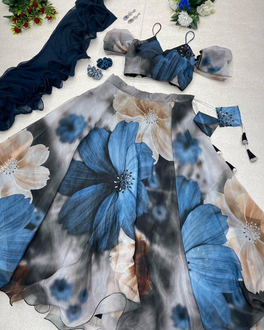 Dashing Gray Organza Silk Floral Printed Lehenga Choli Set - INDIAN ELEGANCE
