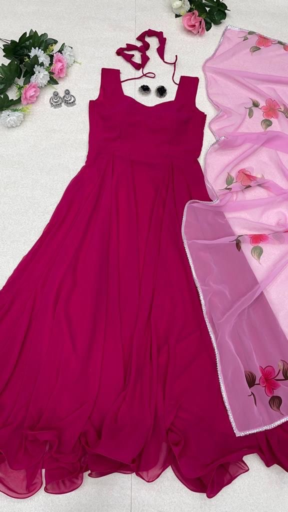 Enamoring Georgette Plain Gown With Floral Dupatta Set - INDIAN ELEGANCE