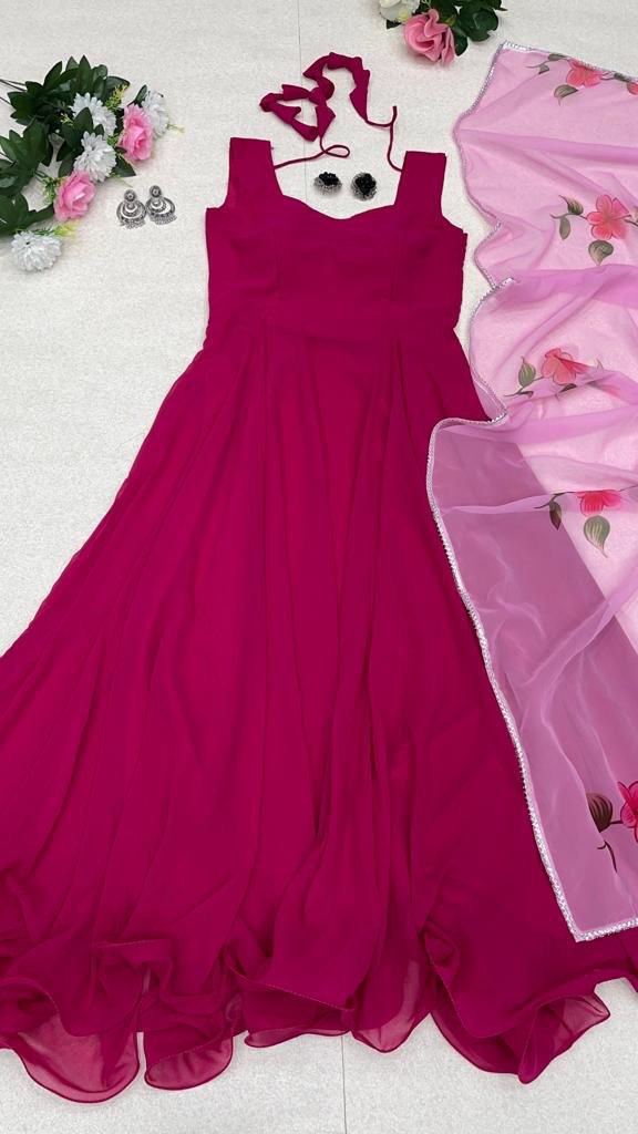 Enamoring Georgette Plain Gown With Floral Dupatta Set - INDIAN ELEGANCE