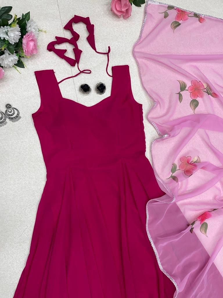 Enamoring Georgette Plain Gown With Floral Dupatta Set - INDIAN ELEGANCE