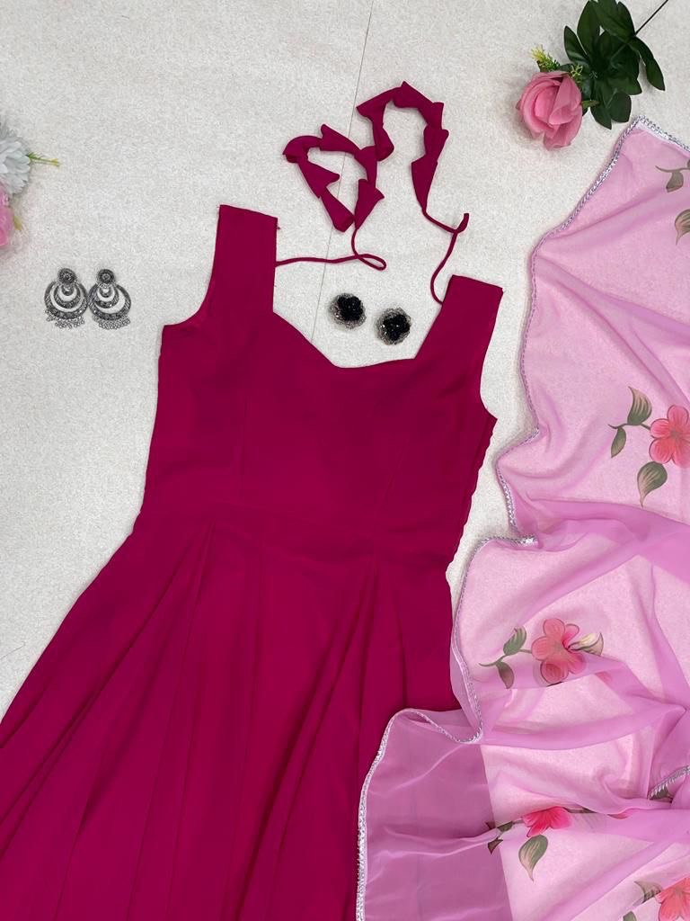 Enamoring Georgette Plain Gown With Floral Dupatta Set - INDIAN ELEGANCE