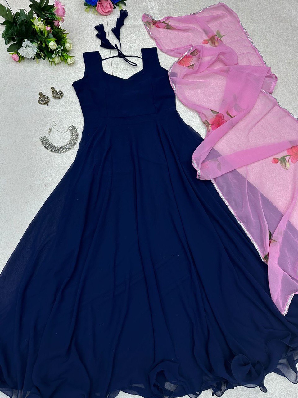 Enamoring Georgette Plain Gown With Floral Dupatta Set - INDIAN ELEGANCE