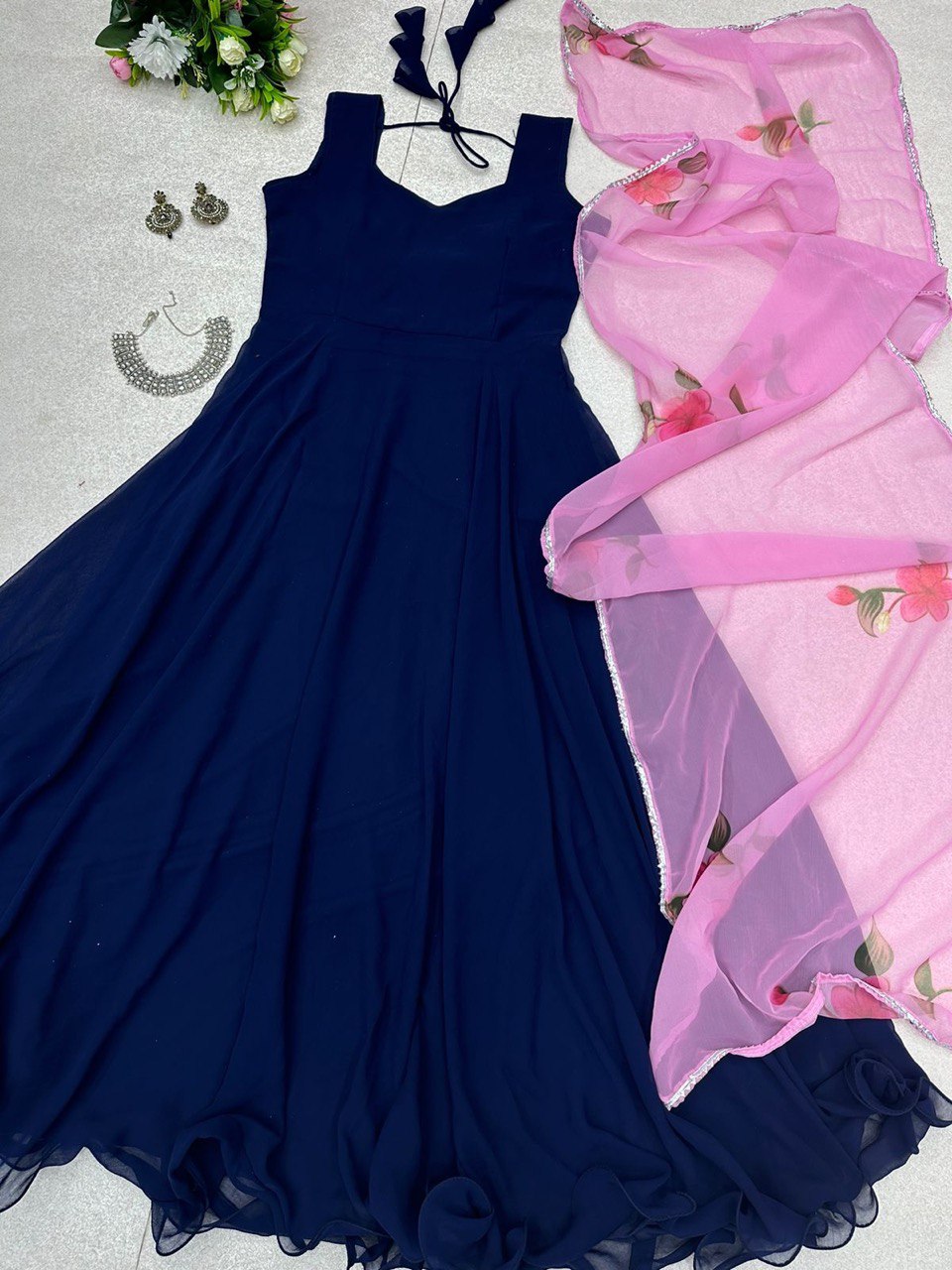 Enamoring Georgette Plain Gown With Floral Dupatta Set - INDIAN ELEGANCE