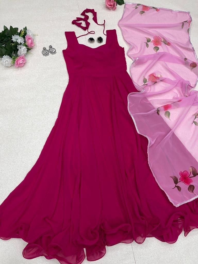 Enamoring Georgette Plain Gown With Floral Dupatta Set - INDIAN ELEGANCE