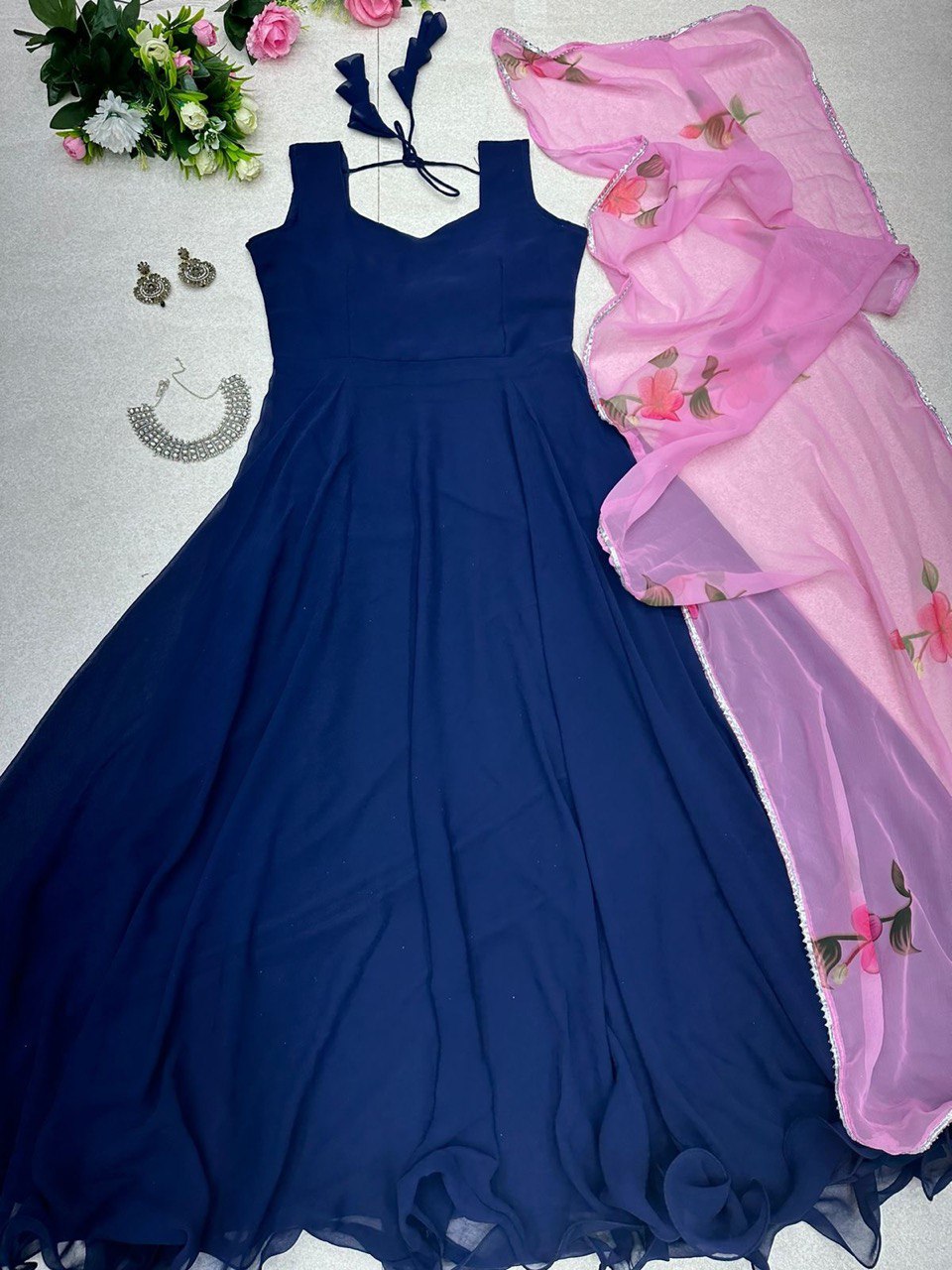 Enamoring Georgette Plain Gown With Floral Dupatta Set - INDIAN ELEGANCE