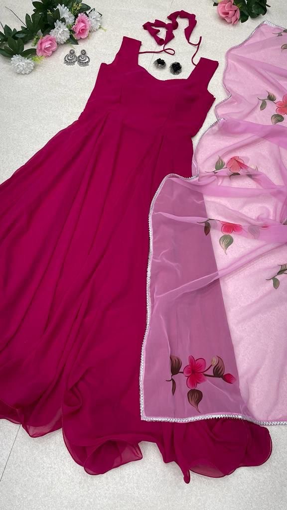 Enamoring Georgette Plain Gown With Floral Dupatta Set - INDIAN ELEGANCE