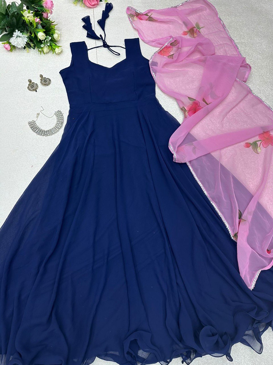 Enamoring Georgette Plain Gown With Floral Dupatta Set - INDIAN ELEGANCE