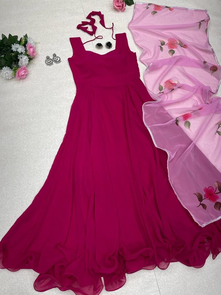 Enamoring Georgette Plain Gown With Floral Dupatta Set - INDIAN ELEGANCE