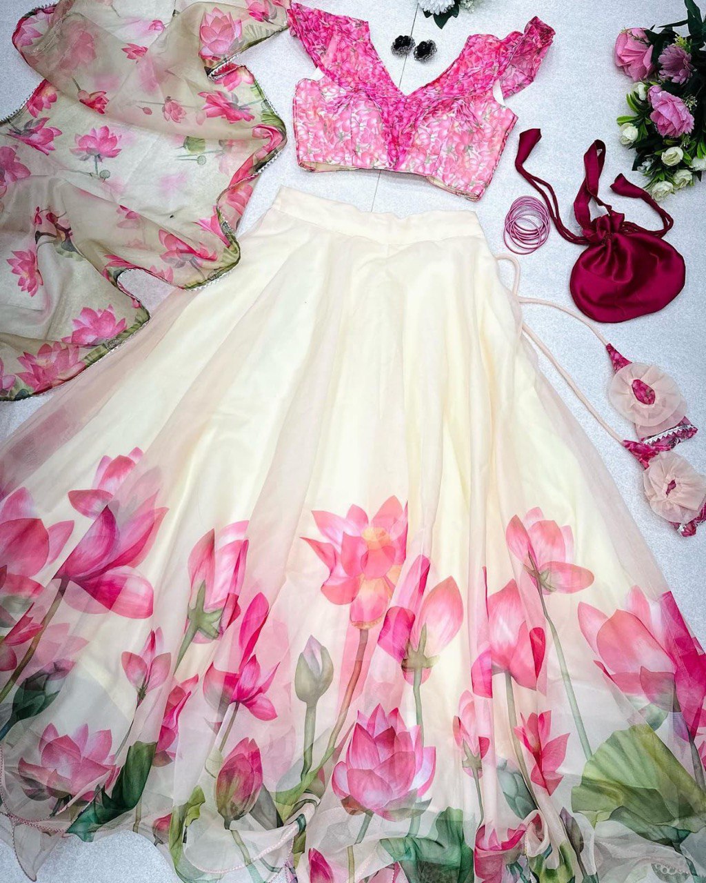 Posh Cream Organza Silk Floral Printed Stitched Lehenga Choli Set - INDIAN ELEGANCE