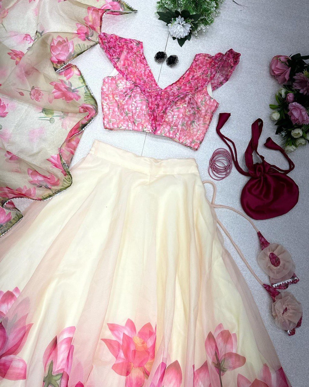 Posh Cream Organza Silk Floral Printed Stitched Lehenga Choli Set - INDIAN ELEGANCE