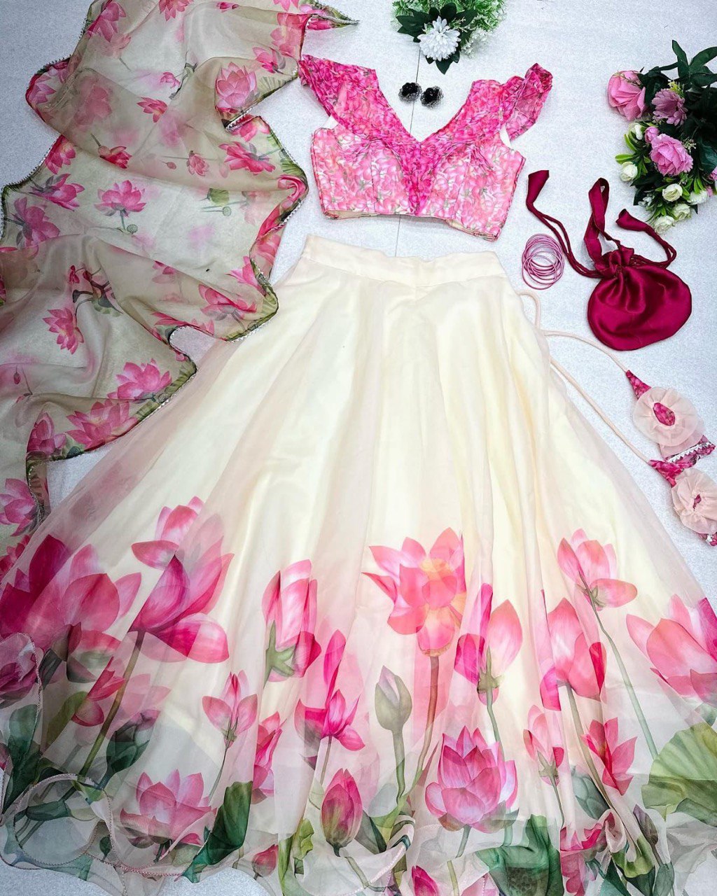 Posh Cream Organza Silk Floral Printed Stitched Lehenga Choli Set - INDIAN ELEGANCE