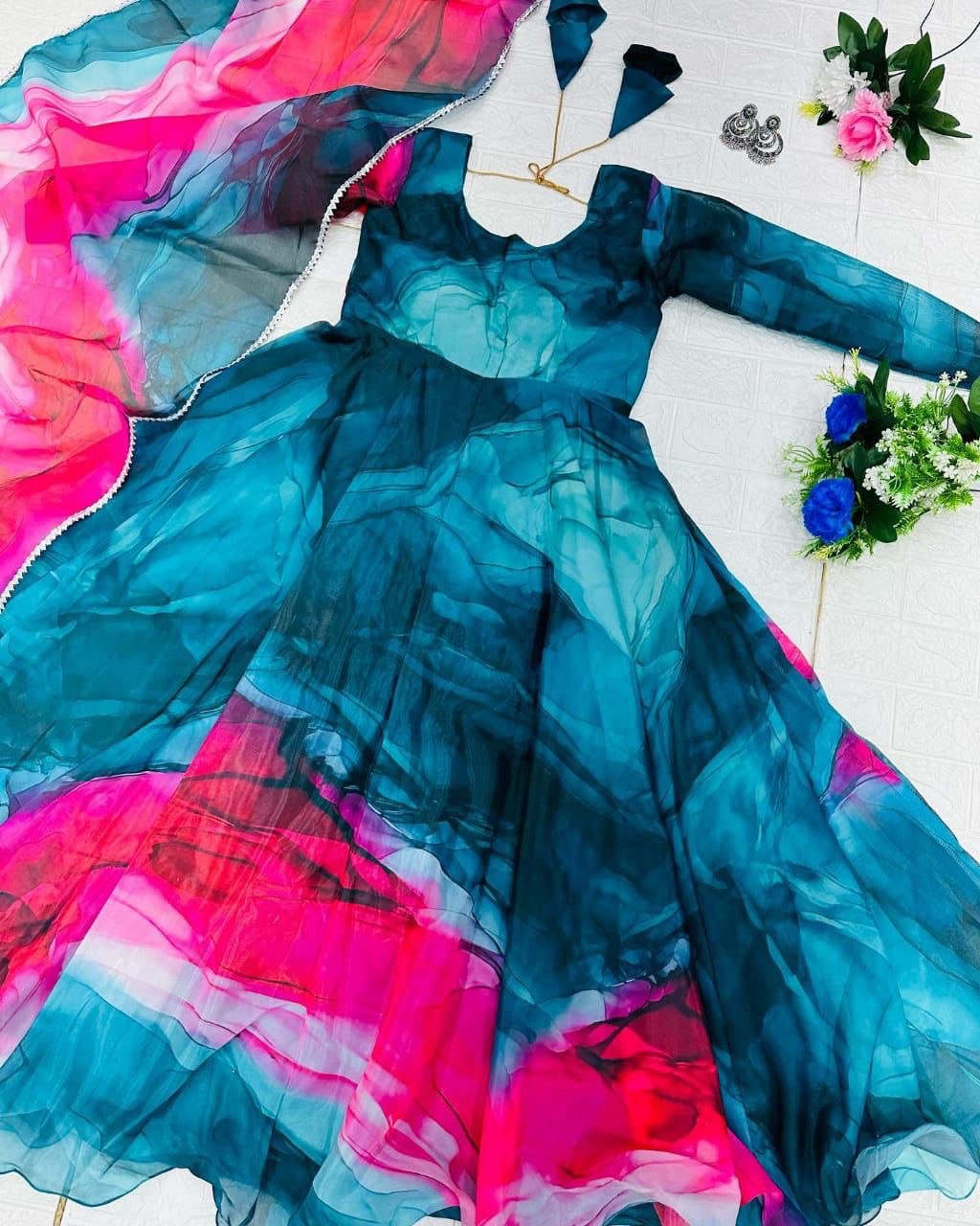 Prepossessing Blue Organza Silk Digital Printed Fully Stitched Gown With Dupatta - INDIAN ELEGANCE