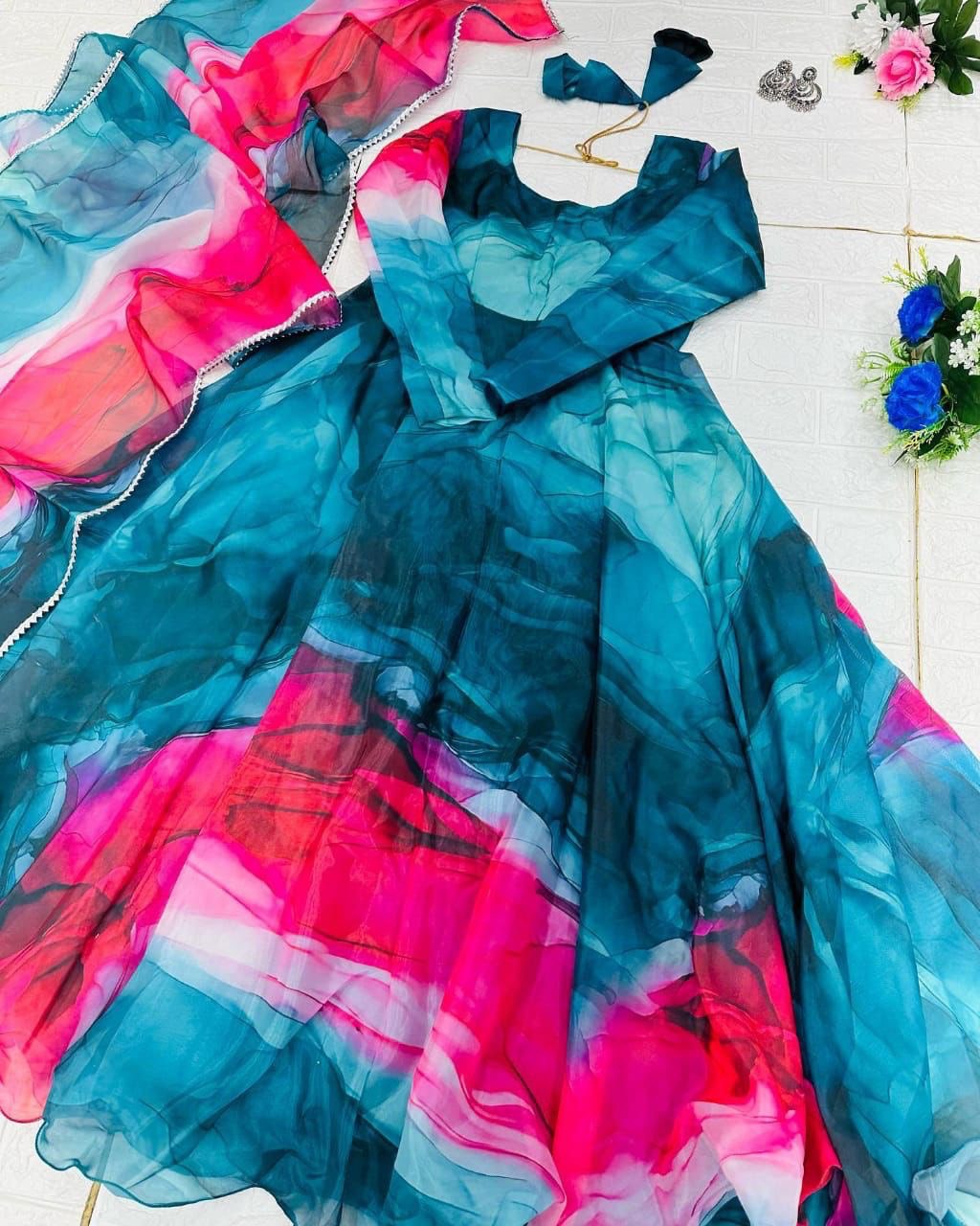 Prepossessing Blue Organza Silk Digital Printed Fully Stitched Gown With Dupatta - INDIAN ELEGANCE