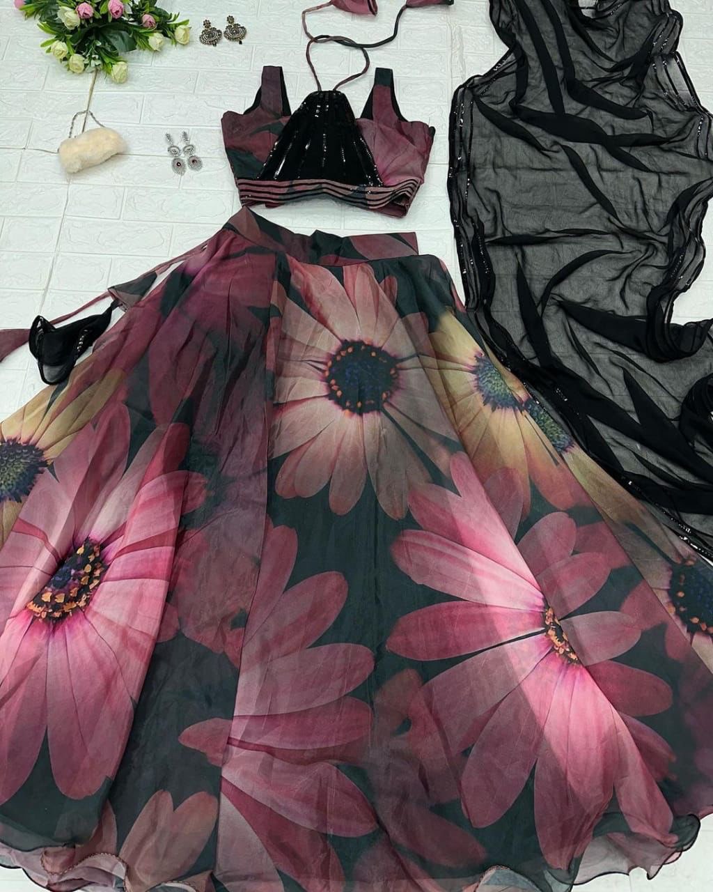 Classy Black Organza Silk Floral Printed Stitched Lehenga Choli Set - INDIAN ELEGANCE